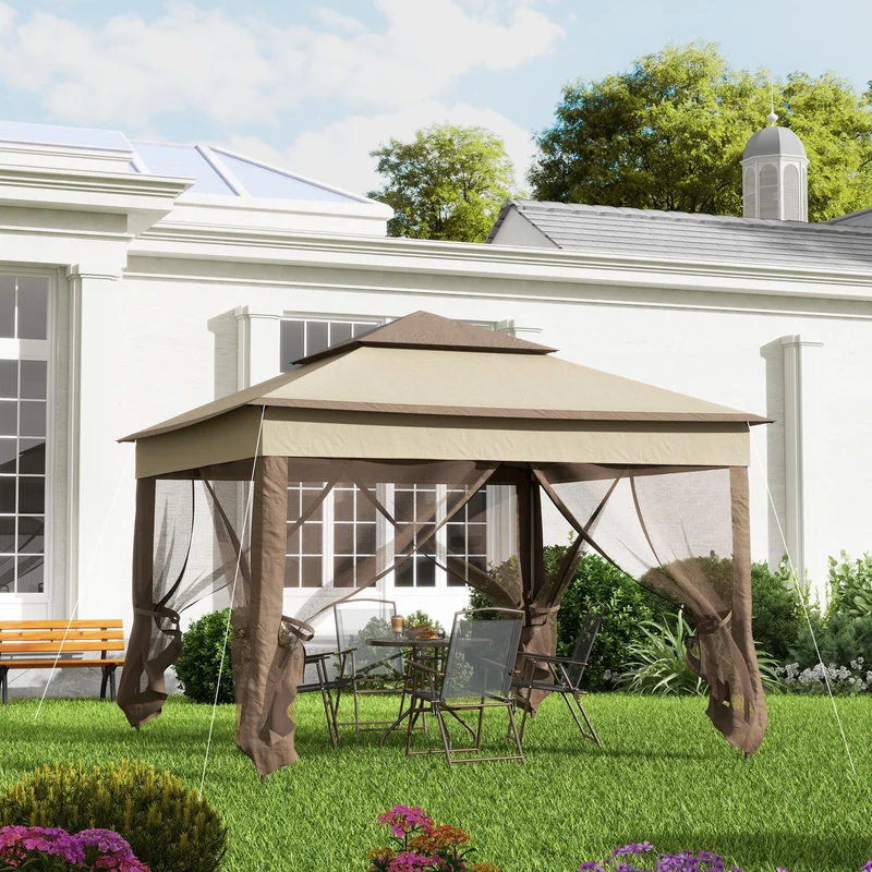 Outsunny Carpa Plegable Gazebo 3,3x3,3 m Cenador Plegable con 4 Paredes Laterales de Malla Anti-UV y Bolsa de Transporte para Camping Fiestas Marrón
