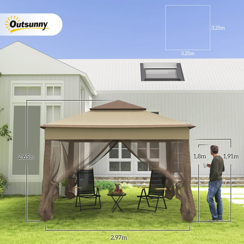 Outsunny Carpa Plegable Gazebo 3,3x3,3 m Cenador Plegable con 4 Paredes Laterales de Malla Anti-UV y Bolsa de Transporte para Camping Fiestas Marrón