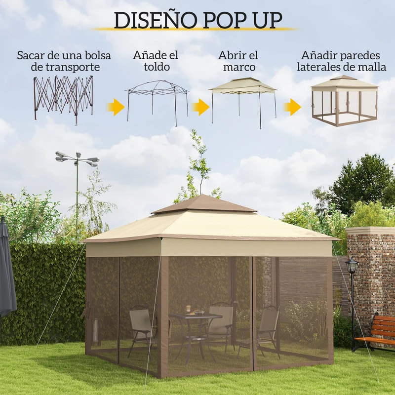 Outsunny Carpa Plegable Gazebo 3,3x3,3 m Cenador Plegable con 4 Paredes Laterales de Malla Anti-UV y Bolsa de Transporte para Camping Fiestas Marrón