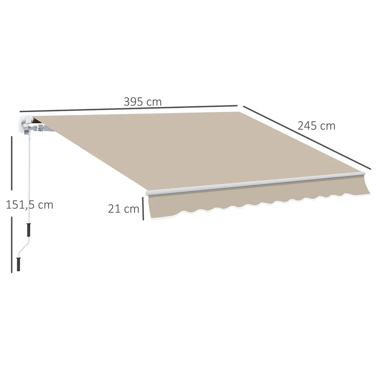 Outsunny Toldo Manual Retráctil 395x245 cm Toldo para Balcón con Manivela de Metal Impermeable y Anti-UV Toldo Enrollable de Exterior para Jardín Terraza Ventanas Beige