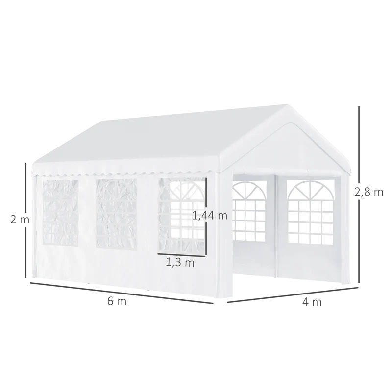 Outsunny Carpa para Fiesta Cochera Gazebo 6x4m Pergola Cenador Pabellón 4 Paneles Laterales Ventanas Anti-UV para Eventos Bodas Acero PE Blanco