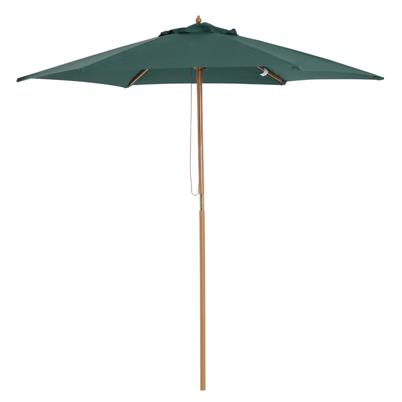 Outsunny Sombrilla de Jardín Ø250x230 cm Parasol de Terraza con 6 Varillas Poste Desmontable Anti-UV Impermeable y Marco de Madera para Playa Patio Verde