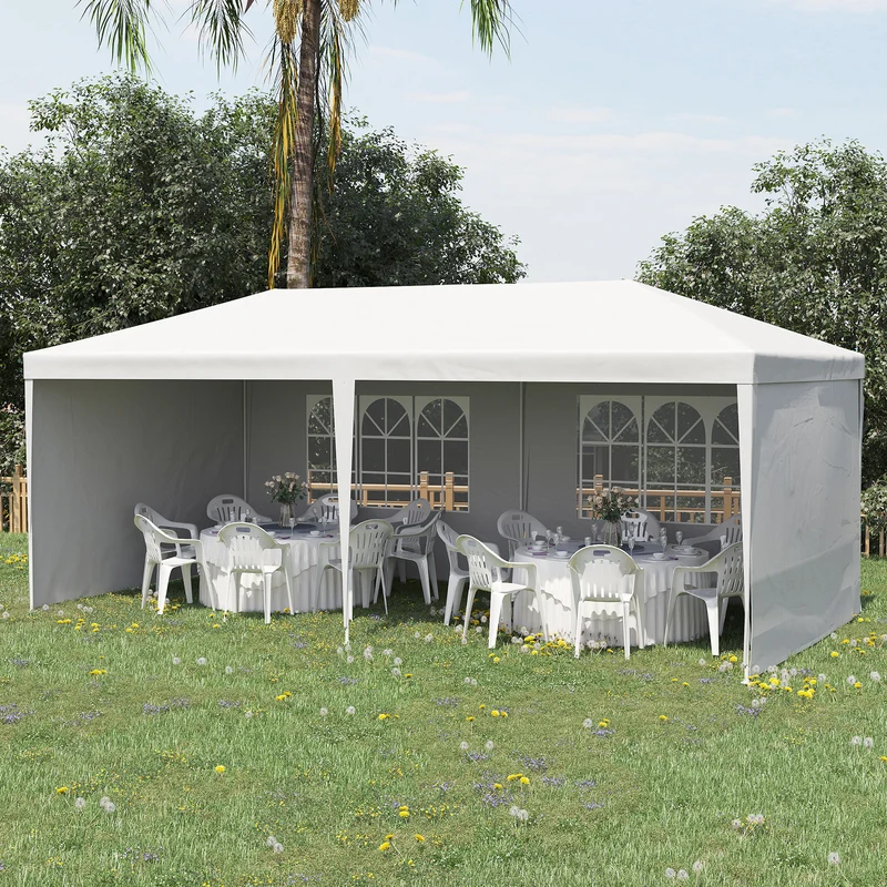 Outsunny Carpa de Jardín 6x3 m Pabellón con 4 Paredes Laterales y 2 Ventanas Visibles Anti-UV Impermeable Cenador Gazebo de Exterior con Marco de Acero para Fiestas Eventos Bodas Blanco