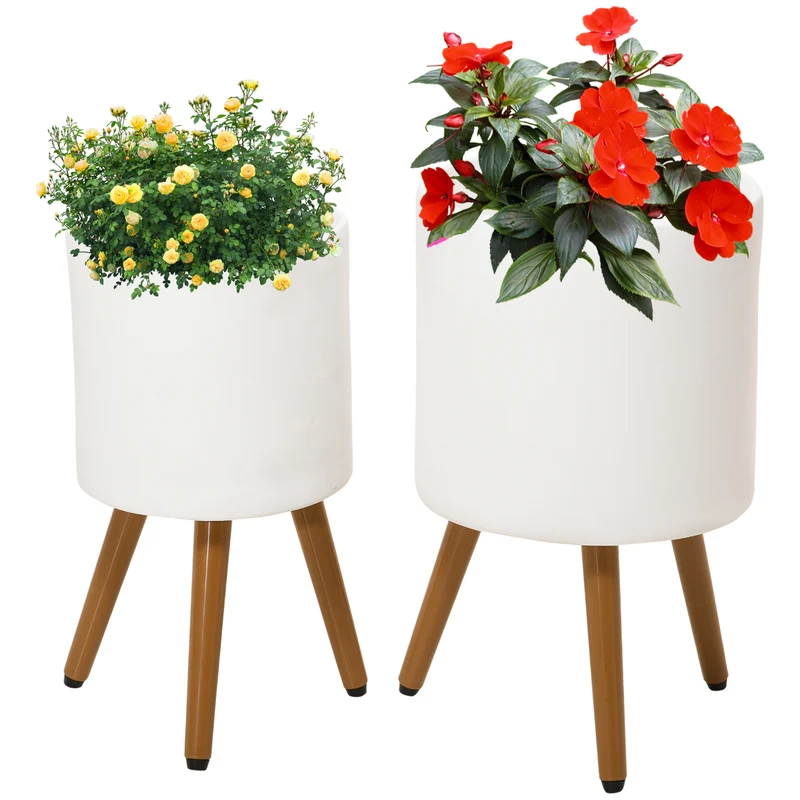 Outsunny Conjunto de 2 Macetas para Plantas Macetas de Magnesia con Patas Extraíbles y Orificio de Drenaje Decoración para Interior y Exterior Ø31x55 cm y Ø26x47 cm Blanco