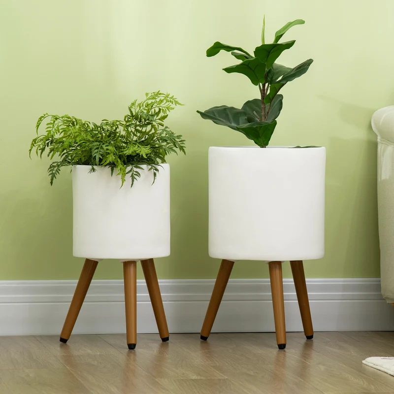 Outsunny Conjunto de 2 Macetas para Plantas Macetas de Magnesia con Patas Extraíbles y Orificio de Drenaje Decoración para Interior y Exterior Ø31x55 cm y Ø26x47 cm Blanco