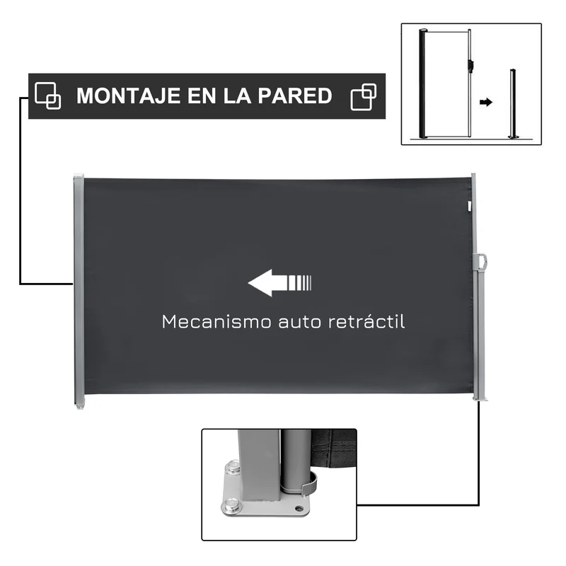 Outsunny Toldo Lateral Retráctil 300x180 cm Pantalla Enrollable Mampara de Privacidad Impermeable y Anti-UV Protege la Privacidad para Jardín Balcón Terraza Gris