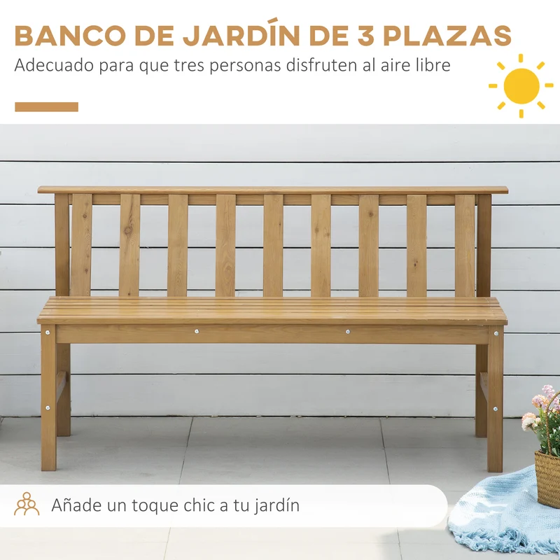 Outsunny Banco de Jardín de 3 Plazas Banco Exterior de Madera con Respaldo de Listones para Terraza Patio Balcón Carga 360 kg 144x60x77 cm Natural
