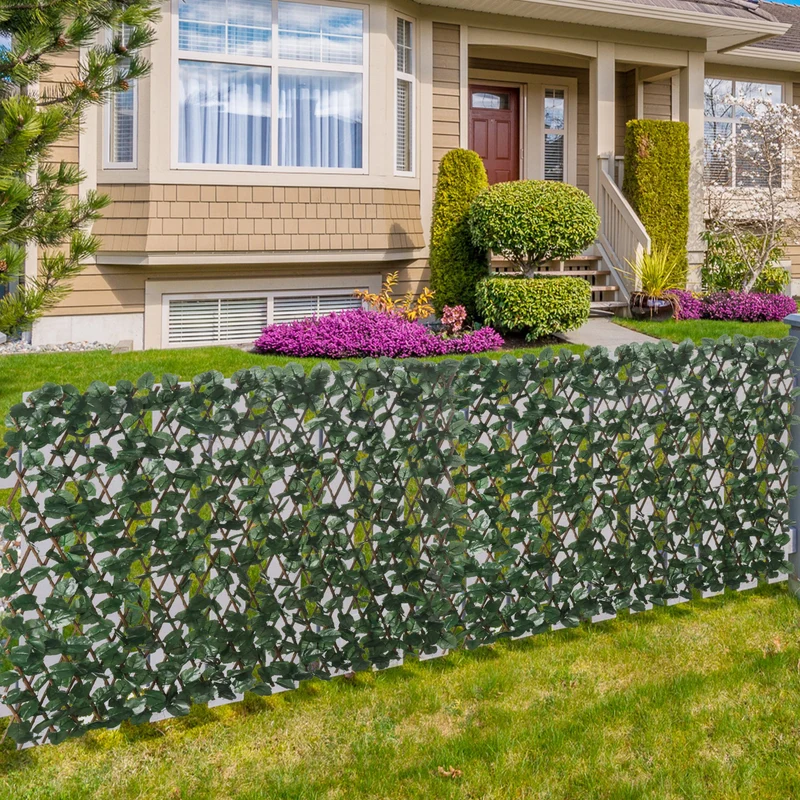 Outsunny Valla de Enrejado Expandible de 2 Piezas con Hojas Artificial 295x70 cm Celosía Extendible de Mimbre Pantalla de Privacidad para Jardín Verde