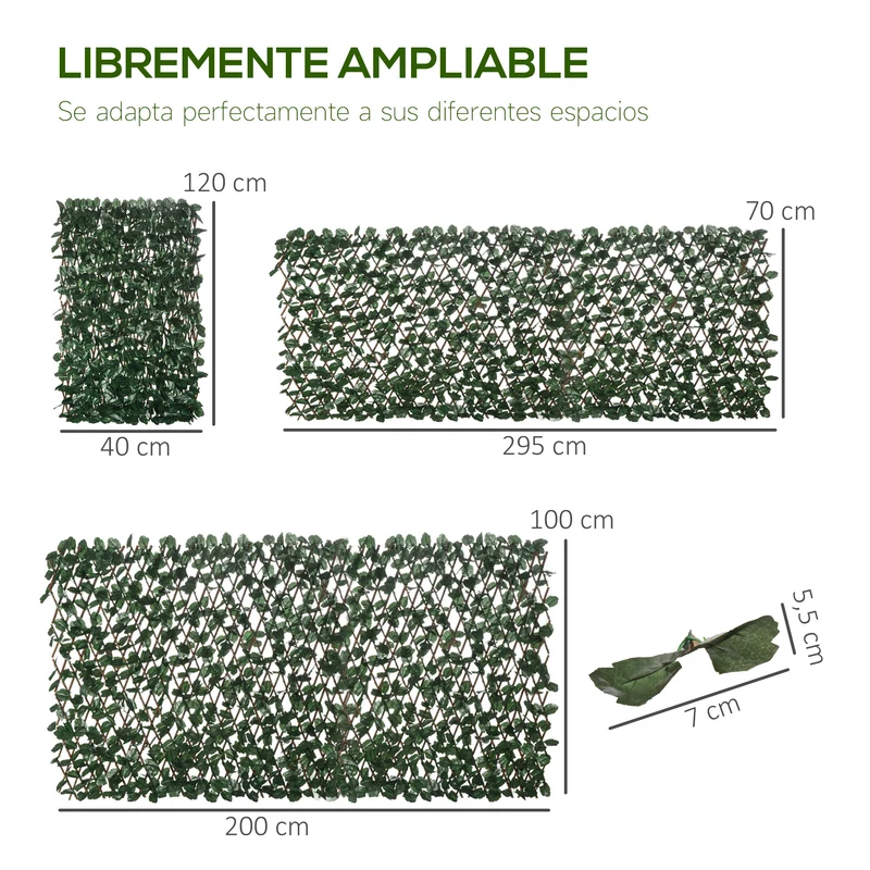 Outsunny Valla de Enrejado Expandible de 2 Piezas con Hojas Artificial 295x70 cm Celosía Extendible de Mimbre Pantalla de Privacidad para Jardín Verde