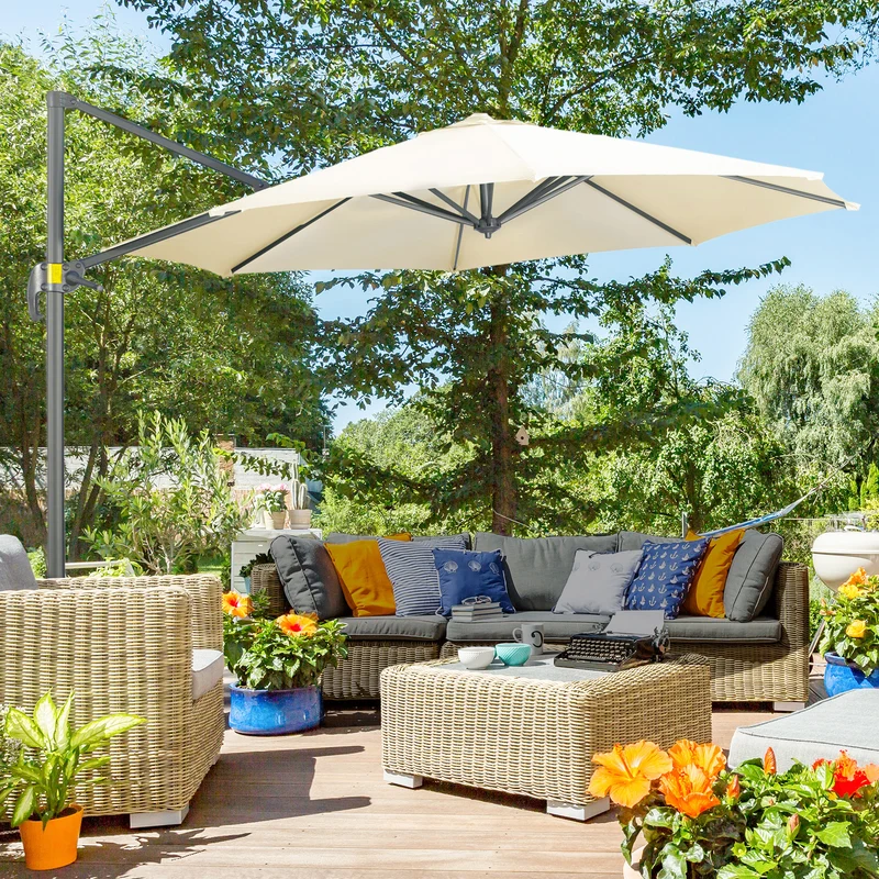 Outsunny Sombrilla de Jardín Ø300x250 cm Parasol Excéntrico de Aluminio con Manivela Toldo Inclinable Giratorio 360° con Pedal y Base Cruzada Crema