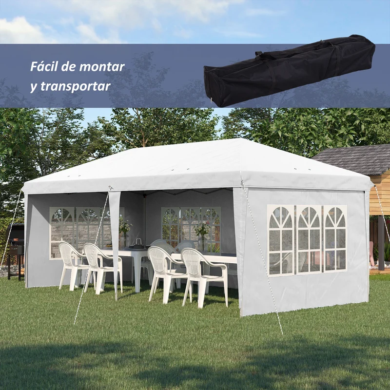 Outsunny Carpa Plegable 6x3 m con 4 Laterales Desmontables Cenador de Jardín con 4 Ventanas Visibles y Bolsa de Transporte Impermeable Gazebo para Exterior Patio Terraza Blanco