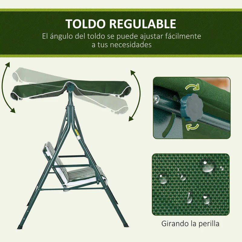 Outsunny Columpio de Jardín de 3 Plazas Balancín Exterior con Techo Ajustable y Marco de Acero para Balcón Terraza Patio Carga 240 kg 172x110x153 cm Raya Verde