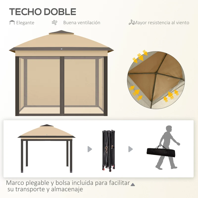 Outsunny Carpa Plegable 3,3x3,3 m Cenador de Jardín con Altura Ajustable en 3 Niveles Doble Techo 4 Mosquiteras Extraíbles y Bolsa de Transporte Impermeable Anti-UV Gazebo para Exterior Fiestas Beige