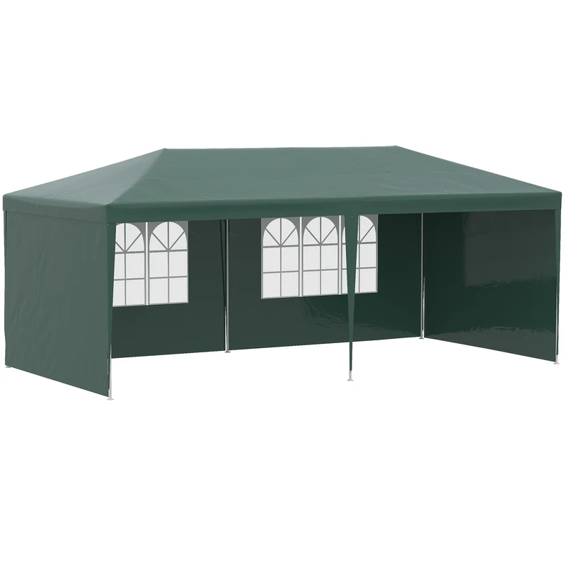 Outsunny Carpa de Jardín 6x3 m Pabellón con 4 Paredes Laterales y 2 Ventanas Visibles Anti-UV Impermeable Cenador Gazebo de Exterior con Marco de Acero para Fiestas Eventos Bodas Verde