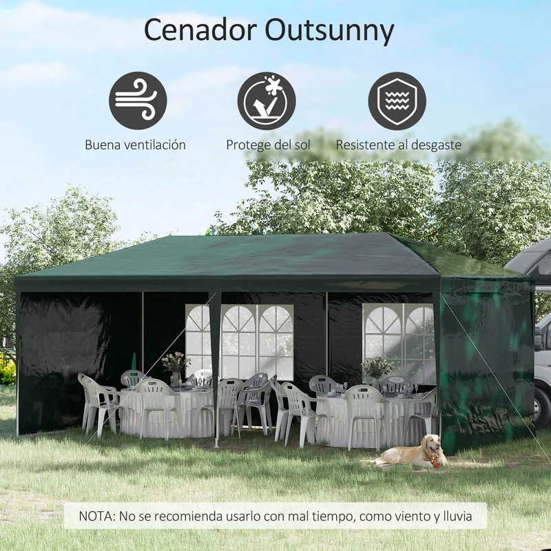 Outsunny Carpa de Jardín 6x3 m Pabellón con 4 Paredes Laterales y 2 Ventanas Visibles Anti-UV Impermeable Cenador Gazebo de Exterior con Marco de Acero para Fiestas Eventos Bodas Verde