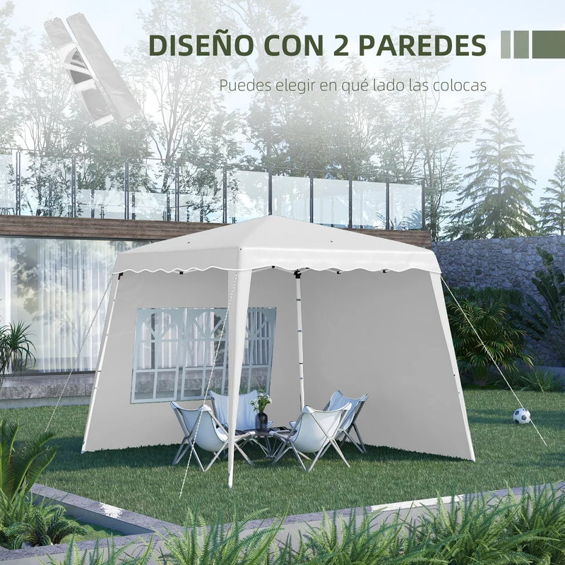 Outsunny Carpa Plegable Pop-up 3x3 m Cenador Pabellón de Jardín con 2 Paredes Laterales Altura Ajustable y Bolsa de Transporte Protección UV50+ Impermeable Gazebo para Camping Fiestas Exterior Blanco