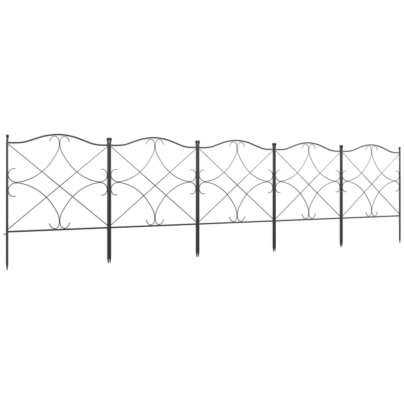 Outsunny Vallas Decorativas para Jardín de 5 Paneles 305x62 cm Cerca de Privacidad de Metal con Estacas y Bordes de Césped Barrera para Animales Negro