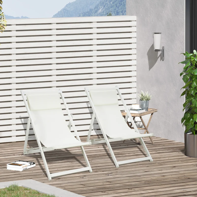 Outsunny Conjunto de 2 Tumbonas Plegables de Aluminio Tumbonas de Jardín con Respaldo Regulable en 5 Posiciones y Reposacabezas para Terraza Patio Exterior 58x96,5x91,5 cm Blanco