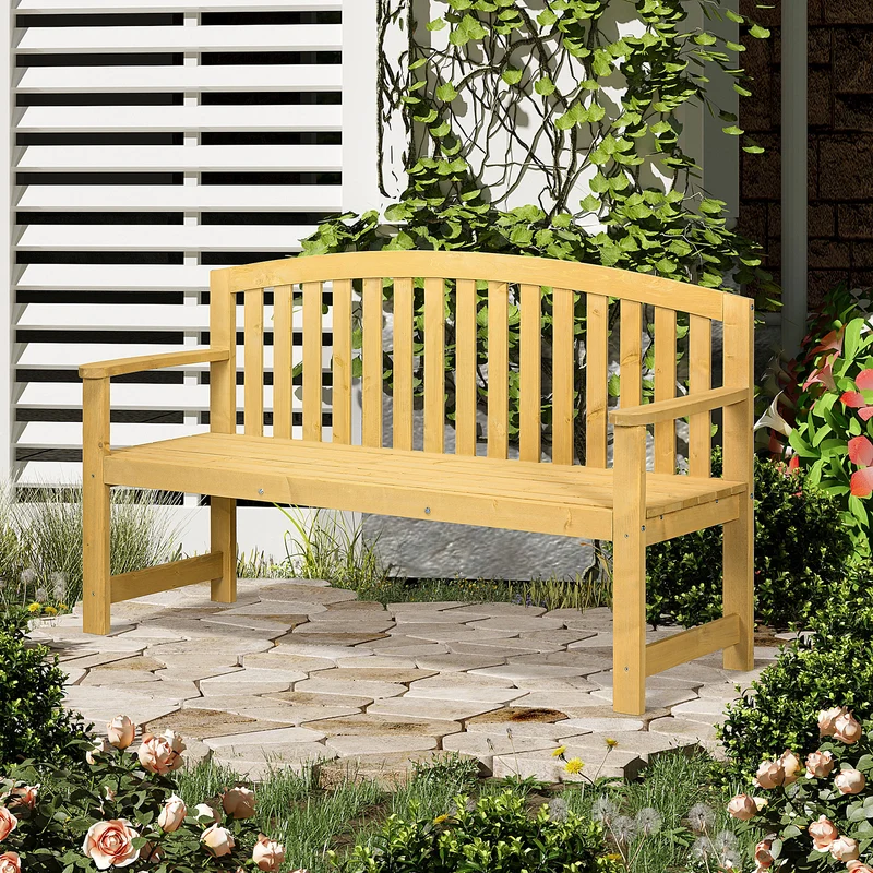 Outsunny Banco de Jardín de 2 Plazas Banco Exterior de Listones de Madera con Respaldo y Reposabrazos para Terraza Patio 143x51x85 cm Natural
