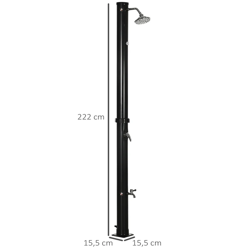 Outsunny Ducha Solar de Jardín 20L Ducha Exterior con Cabezal de Ducha Redondo Grifo Agua Caliente Máx. 60℃ y Ducha para Pies para Piscina Patio Playa 15,5x15,5x222 cm Negro