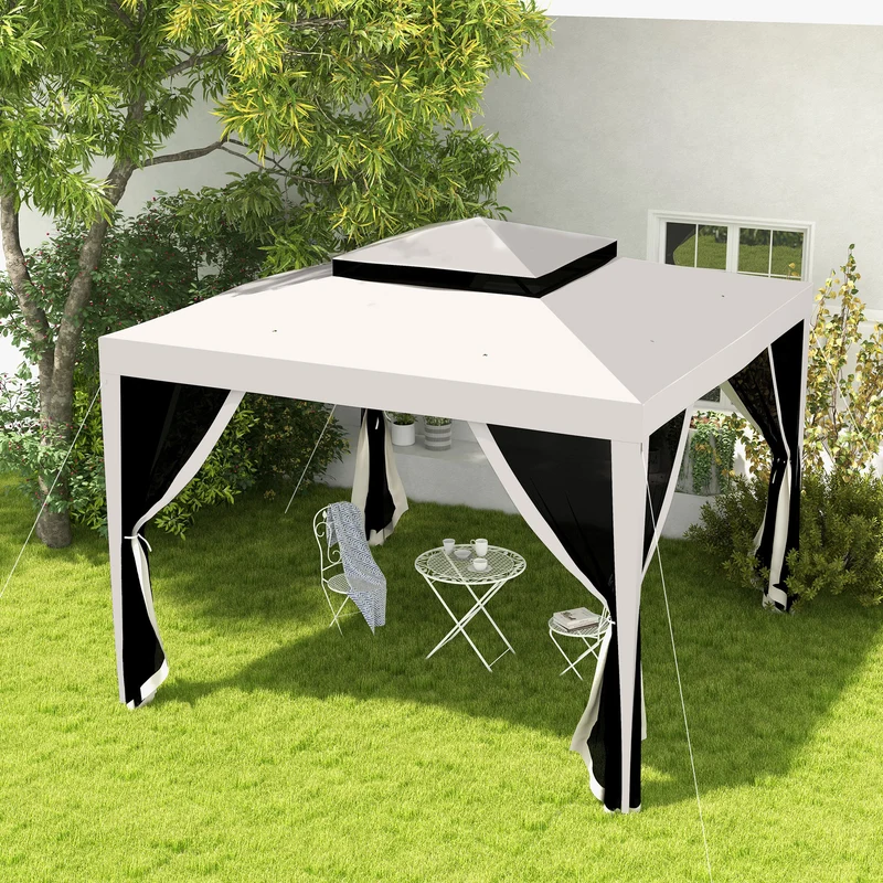 Outsunny Carpa de Jardín 3x3 m Cenador Desmontable de Exterior Gazebo con 4 Mosquiteras Laterales Techo Doble y Marco Metálico Anti-UV Impermeable Pabellón para Terraza Patio Crema