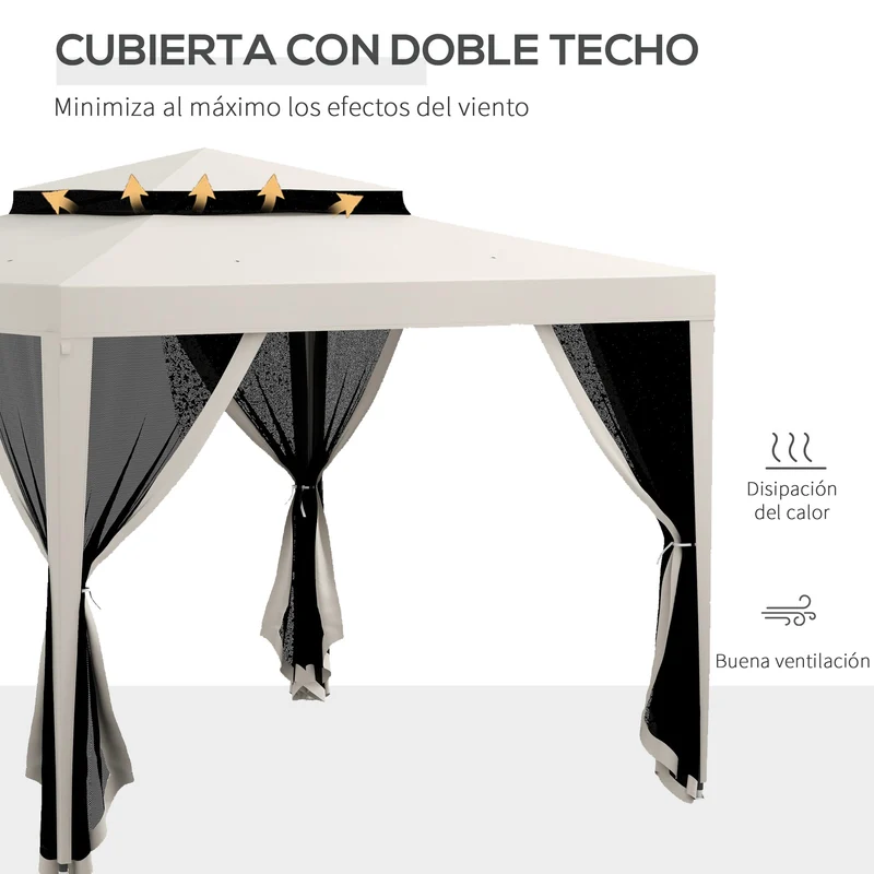 Outsunny Carpa de Jardín 3x3 m Cenador Desmontable de Exterior Gazebo con 4 Mosquiteras Laterales Techo Doble y Marco Metálico Anti-UV Impermeable Pabellón para Terraza Patio Crema