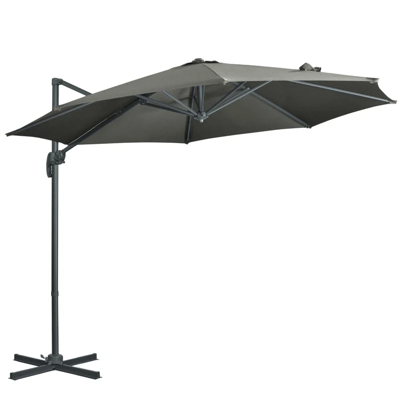 Outsunny Sombrilla de Jardín Ø300x250 cm Parasol Excéntrico de Aluminio con Manivela Toldo Inclinable Giratorio 360° con Pedal y Base Cruzada Gris
