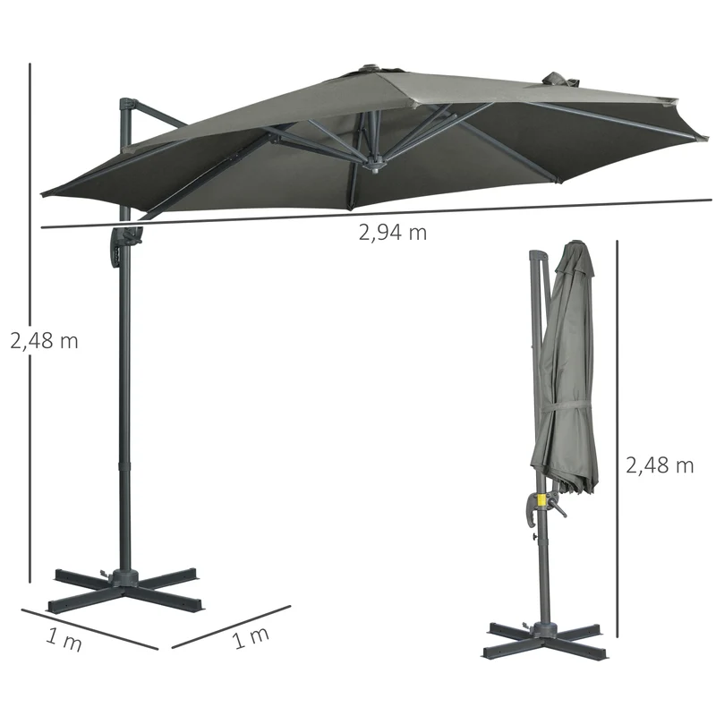 Outsunny Sombrilla de Jardín Ø300x250 cm Parasol Excéntrico de Aluminio con Manivela Toldo Inclinable Giratorio 360° con Pedal y Base Cruzada Gris