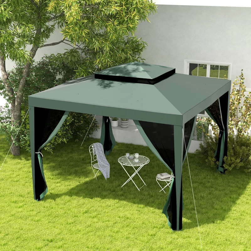 Outsunny Carpa de Jardín 3x3 m Cenador Desmontable de Exterior Gazebo con 4 Mosquiteras Laterales Techo Doble y Marco Metálico Anti-UV Impermeable Pabellón para Terraza Patio Verde