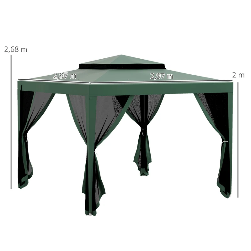 Outsunny Carpa de Jardín 3x3 m Cenador Desmontable de Exterior Gazebo con 4 Mosquiteras Laterales Techo Doble y Marco Metálico Anti-UV Impermeable Pabellón para Terraza Patio Verde