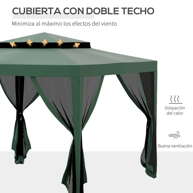 Outsunny Carpa de Jardín 3x3 m Cenador Desmontable de Exterior Gazebo con 4 Mosquiteras Laterales Techo Doble y Marco Metálico Anti-UV Impermeable Pabellón para Terraza Patio Verde