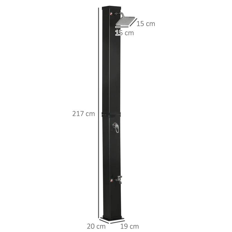 Outsunny Ducha Solar Exterior 40L Ducha de Jardín con Cabezal de Ducha Grifo Agua Caliente hasta 60℃ y Ducha para Pies para Piscina Patio Playa 19x20x217 cm Negro
