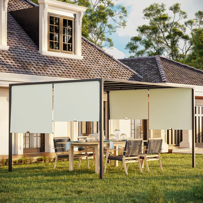 Outsunny Cenador de Jardín Pérgola 3x4 m con Techo Deslizable con Luces LED Energía Solar Marco de Acero Carpa para Patio Terraza Balcón Crema