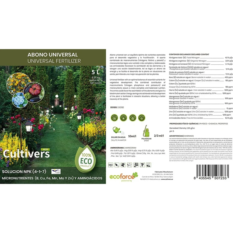 Fertilizante Plantas Universal Ecológico Cultivers 10 L