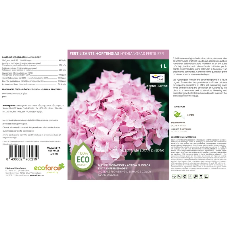 Abono Hortensias Líquido Ecológico Cultivers 10 L