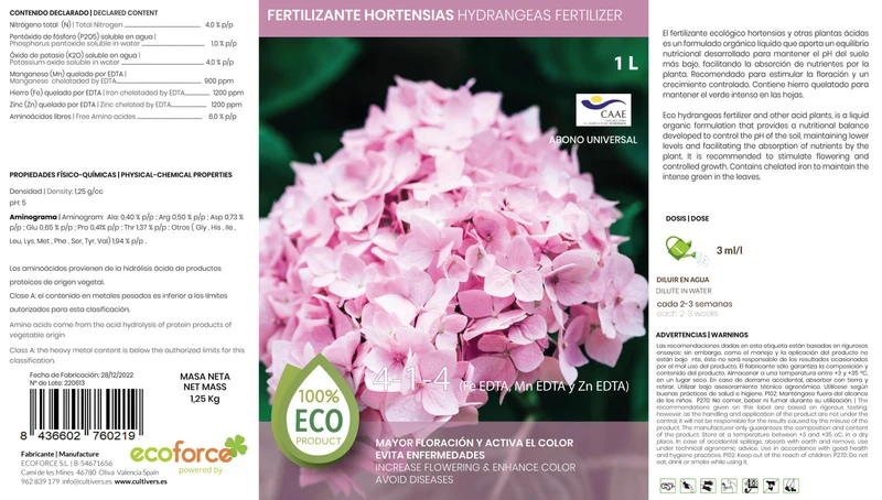 Abono Hortensias Líquido Ecológico Cultivers 250 Ml