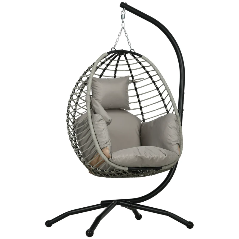 Outsunny Silla Colgante Huevo Con Soporte Cesta Plegable Cojín Gris Y Negro