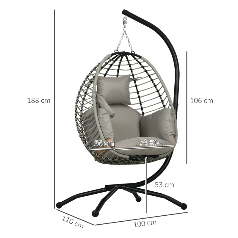 Outsunny Silla Colgante Huevo Con Soporte Cesta Plegable Cojín Gris Y Negro