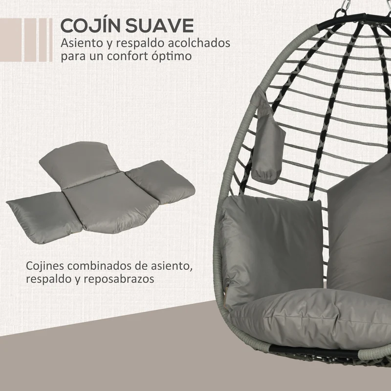 Outsunny Silla Colgante Huevo Con Soporte Cesta Plegable Cojín Gris Y Negro