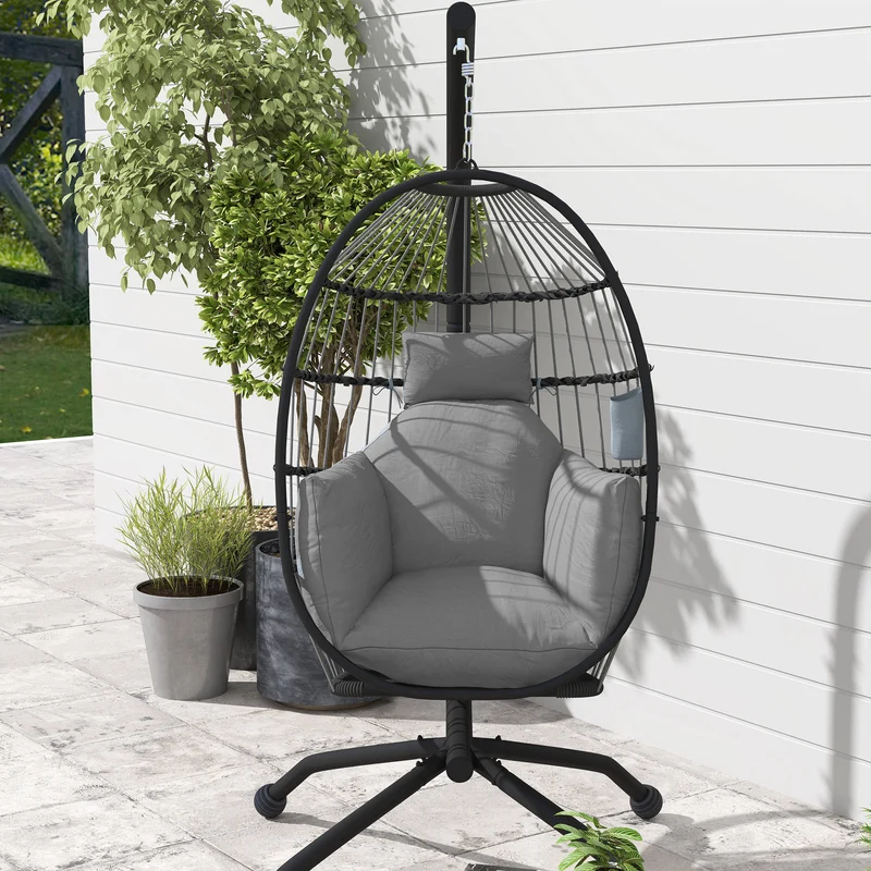 Outsunny Silla Colgante Huevo Con Soporte Cesta Plegable Cojín Carga 120kg Gris