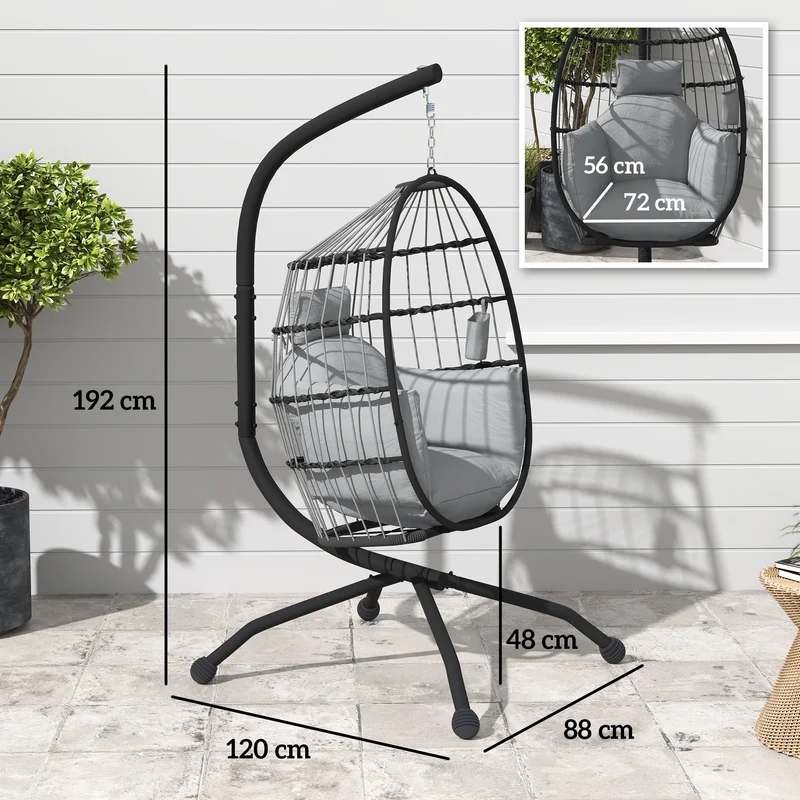Outsunny Silla Colgante Huevo Con Soporte Cesta Plegable Cojín Carga 120kg Gris