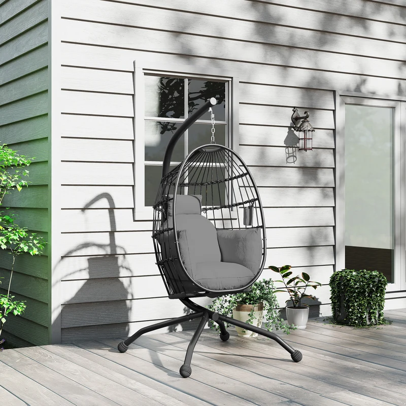 Outsunny Silla Colgante Huevo Con Soporte Cesta Plegable Cojín Carga 120kg Negro