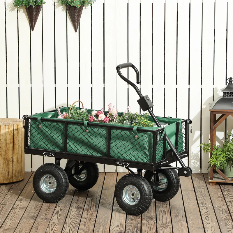 Outsunny Carrito De Jardín Con Ruedas Grandes Asa Ajustable Carga 300 Kg Verde