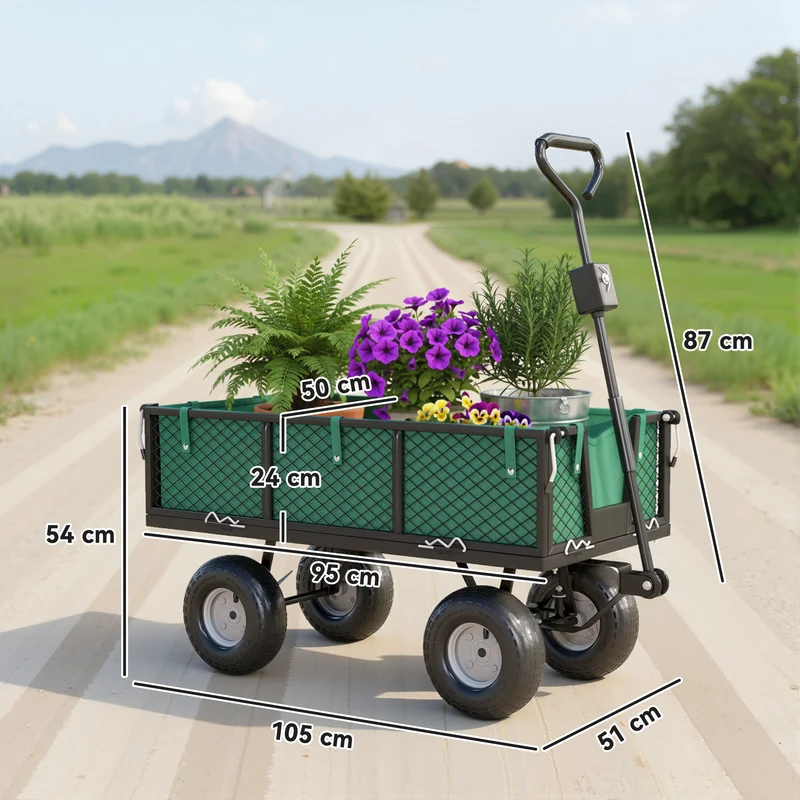 Outsunny Carrito De Jardín Con Ruedas Grandes Asa Ajustable Carga 300 Kg Verde