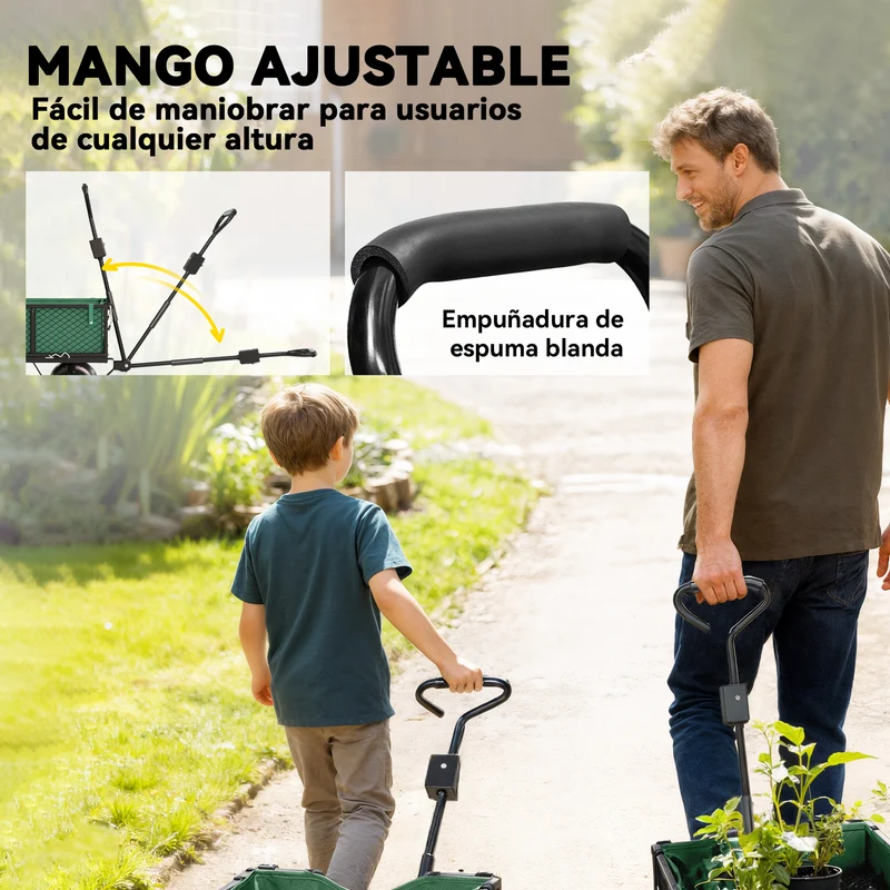Outsunny Carrito De Jardín Con Ruedas Grandes Asa Ajustable Carga 300 Kg Verde