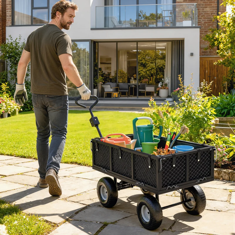 Outsunny Carrito De Jardín Con Ruedas Grandes Mango Giratorio Carga 300 Kg Negro