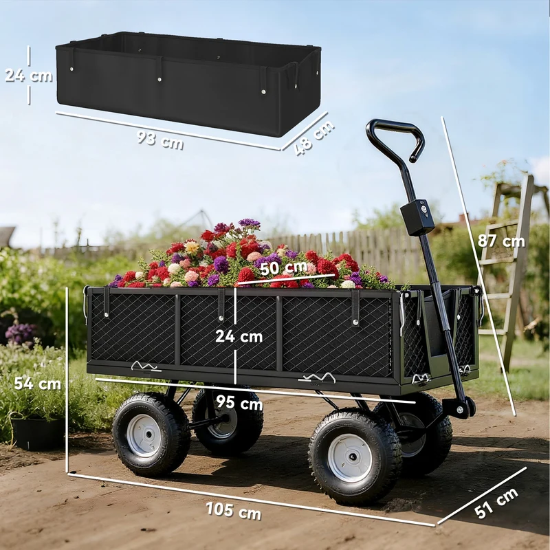 Outsunny Carrito De Jardín Con Ruedas Grandes Mango Giratorio Carga 300 Kg Negro