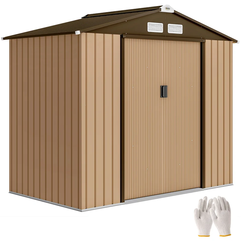 Outsunny Caseta de Jardín Exterior 2,42 m², 213x130x185 cm, Cobertizo de Jardín Exterior Metálico con Puertas Correderas, Ventilación y Kit de Fundación, para Almacenamiento de Herramientas, Amarillo