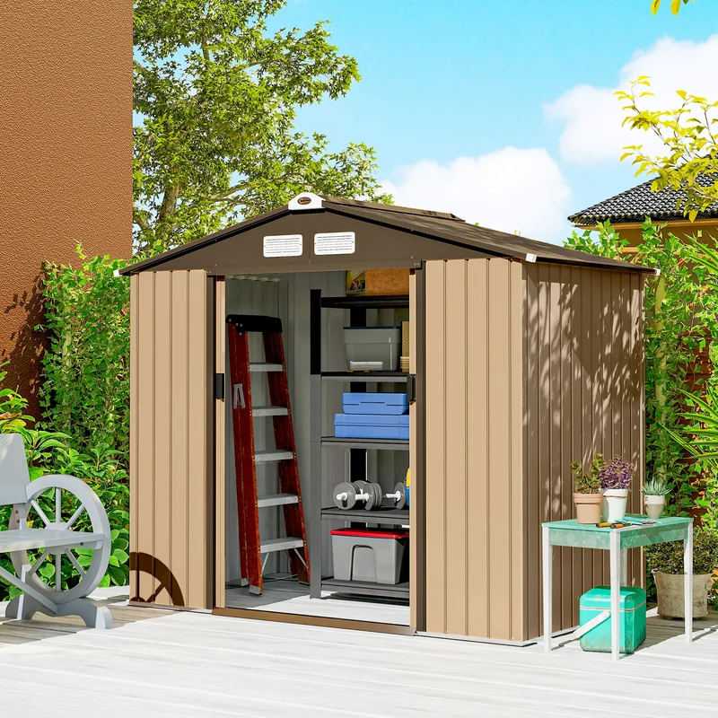 Outsunny Caseta de Jardín Exterior 2,42 m², 213x130x185 cm, Cobertizo de Jardín Exterior Metálico con Puertas Correderas, Ventilación y Kit de Fundación, para Almacenamiento de Herramientas, Amarillo