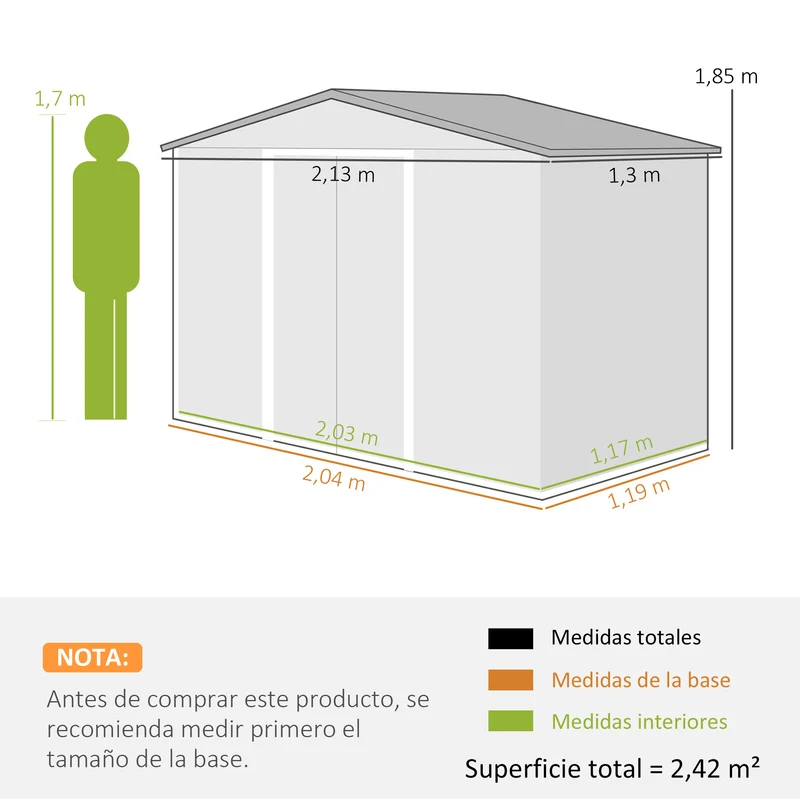 Outsunny Caseta de Jardín Exterior 2,42 m², 213x130x185 cm, Cobertizo de Jardín Exterior Metálico con Puertas Correderas, Ventilación y Kit de Fundación, para Almacenamiento de Herramientas, Amarillo